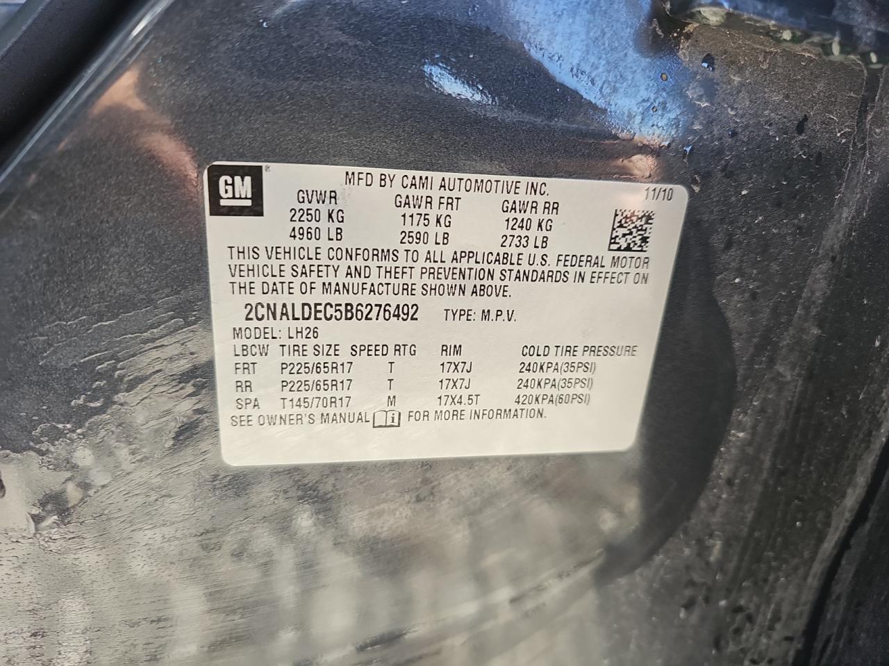 2011 Chevrolet Equinox VIN 2CNALDEC5B6276492 Copart auction photo, all over / side damage thumbnail 10