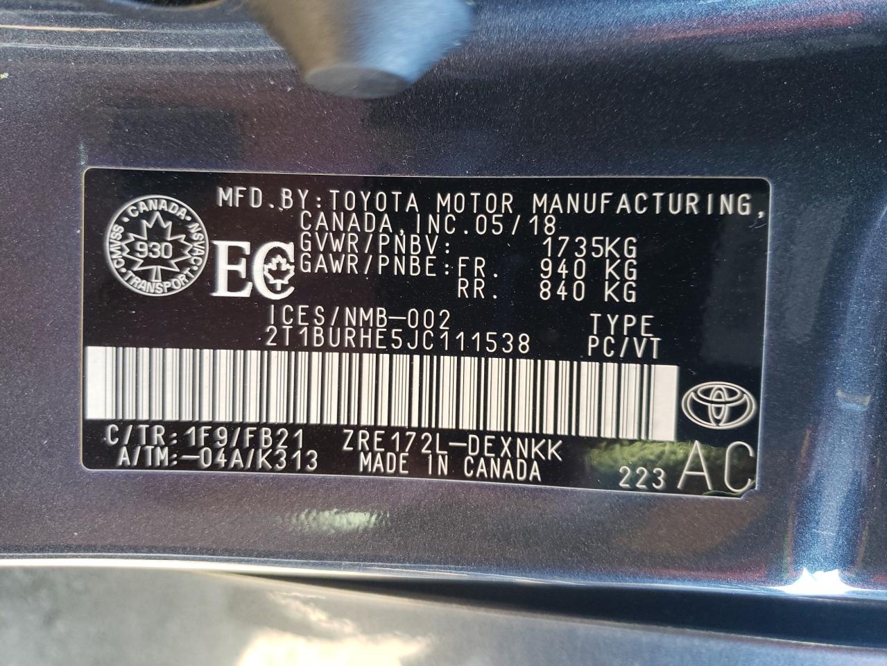 2018 Toyota Corolla VIN 2T1BURHE5JC111538 Copart auction photo, front end / side damage thumbnail 13