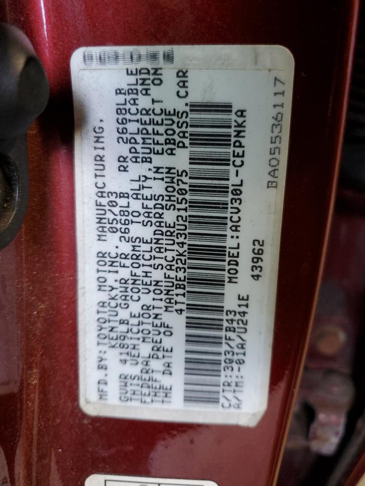 2003 Toyota Camry VIN 4T1BE32K43U215075 Copart auction photo, front end / minor dent/scratches damage thumbnail 14