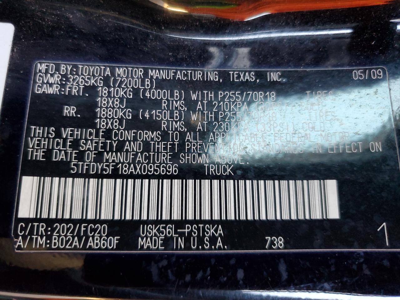 2010 Toyota Tundra VIN 5TFDY5F18AX095696 Copart auction photo, front end / side damage thumbnail 15