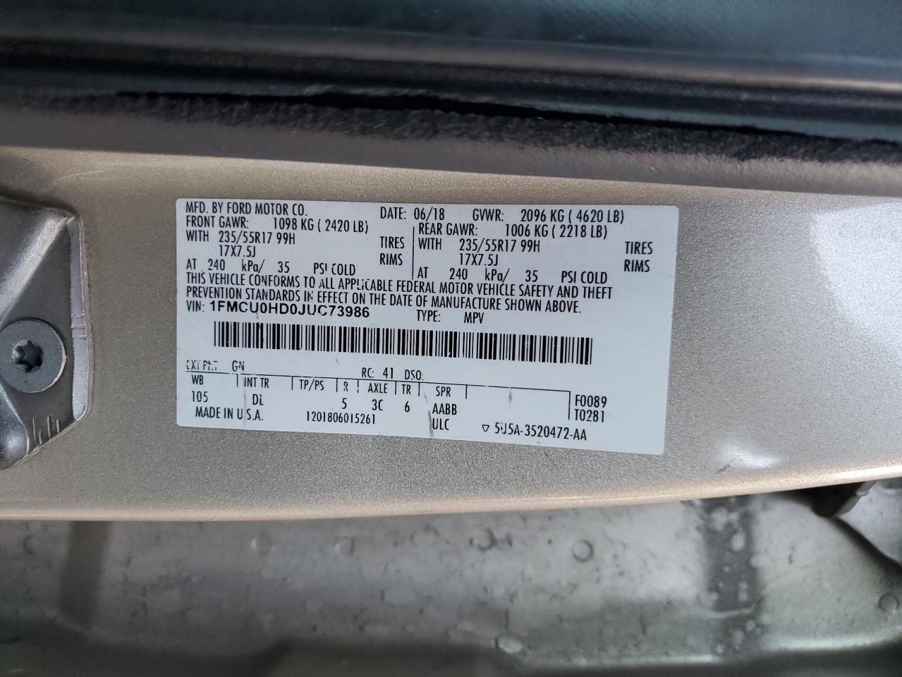 2018 Ford Escape VIN 1FMCU0HD0JUC73986 Copart auction photo, front end / minor dent/scratches damage thumbnail 13