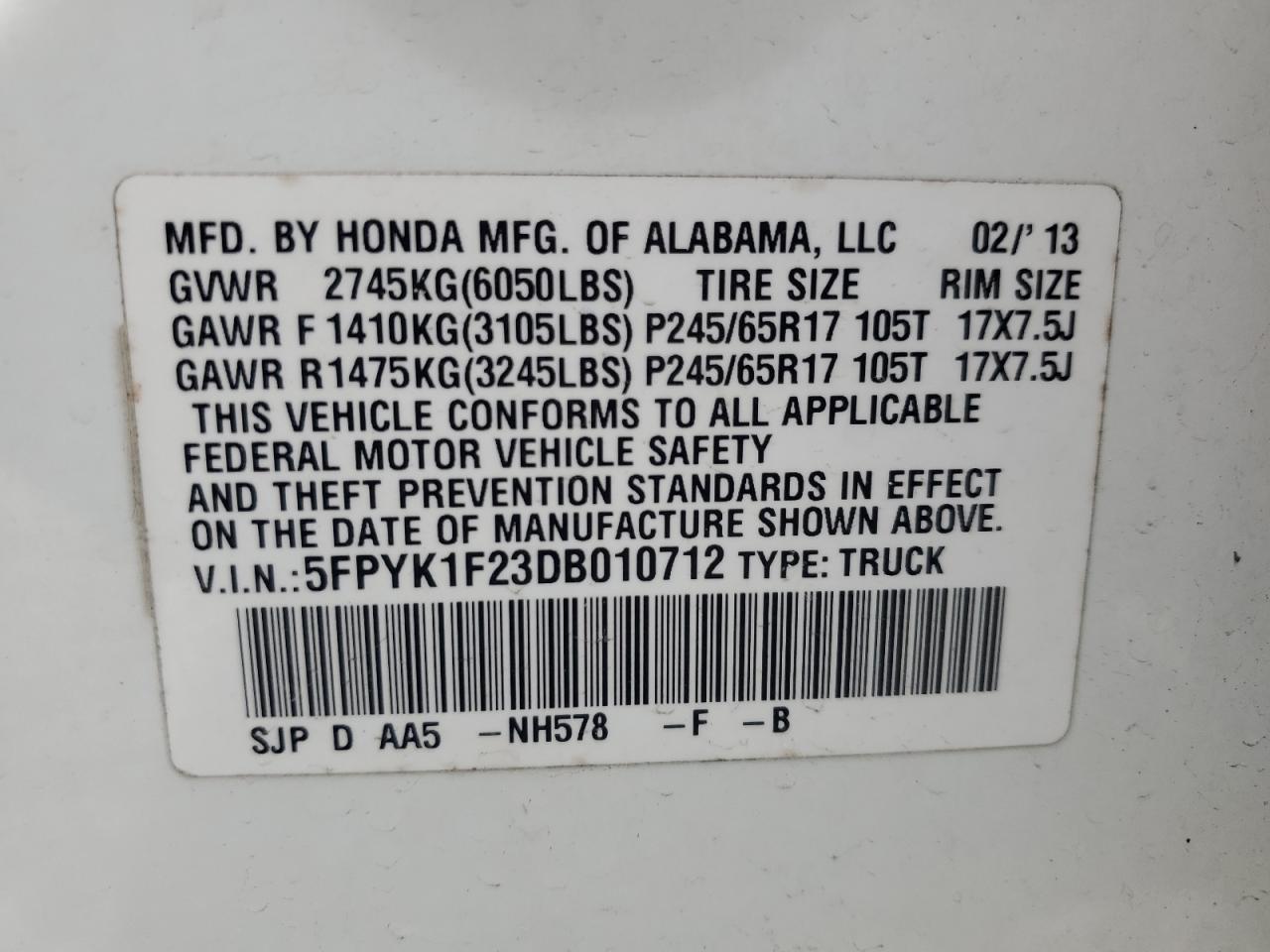 2013 Honda Ridgeline VIN 5FPYK1F23DB010712 Copart auction photo, front end / minor dent/scratches damage thumbnail 13