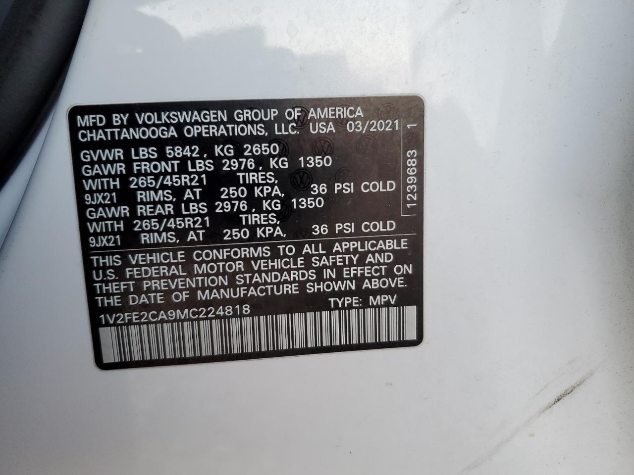2021 Volkswagen Atlas VIN 1V2FE2CA9MC224818 Copart auction photo, rear end damage thumbnail 14