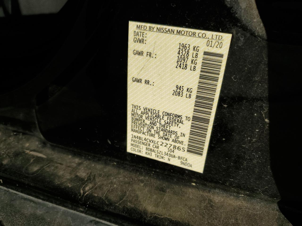 2020 Nissan Altima VIN 1N4BL4CVXLC227865 Copart auction photo, front end damage thumbnail 14
