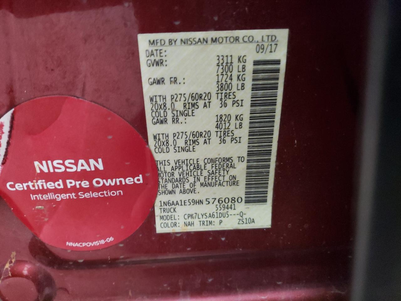 2017 Nissan Titan VIN 1N6AA1E59HN576080 Copart auction photo, front end damage thumbnail 12