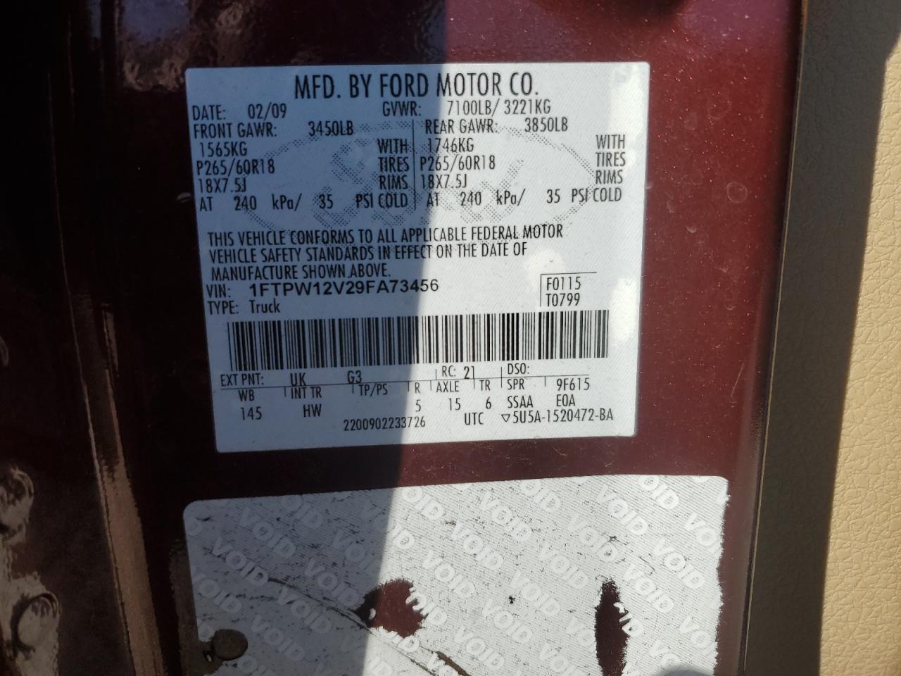 2009 Ford F-150 VIN 1FTPW12V29FA73456 Copart auction photo, rear end damage thumbnail 13