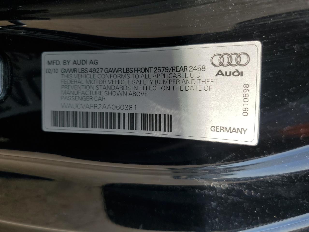 2010 Audi RS5 VIN WAUCVAFR2AA060381 Copart auction photo, front end damage thumbnail 12