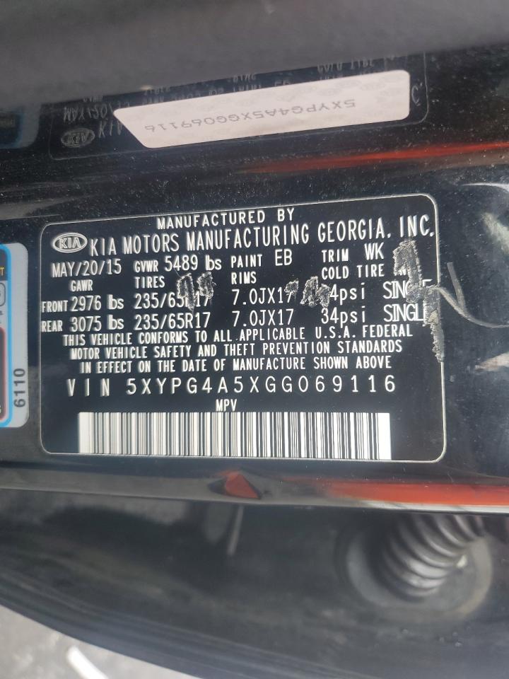 2016 KIA Sorento VIN 5XYPG4A5XGG069116 Copart auction photo, front end / side damage thumbnail 14
