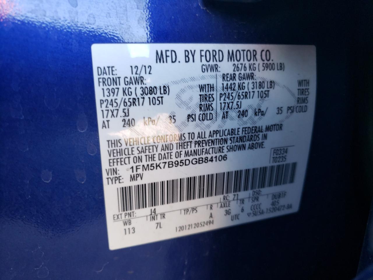 2013 Ford Explorer VIN 1FM5K7B95DGB84106 Copart auction photo, front end damage thumbnail 16