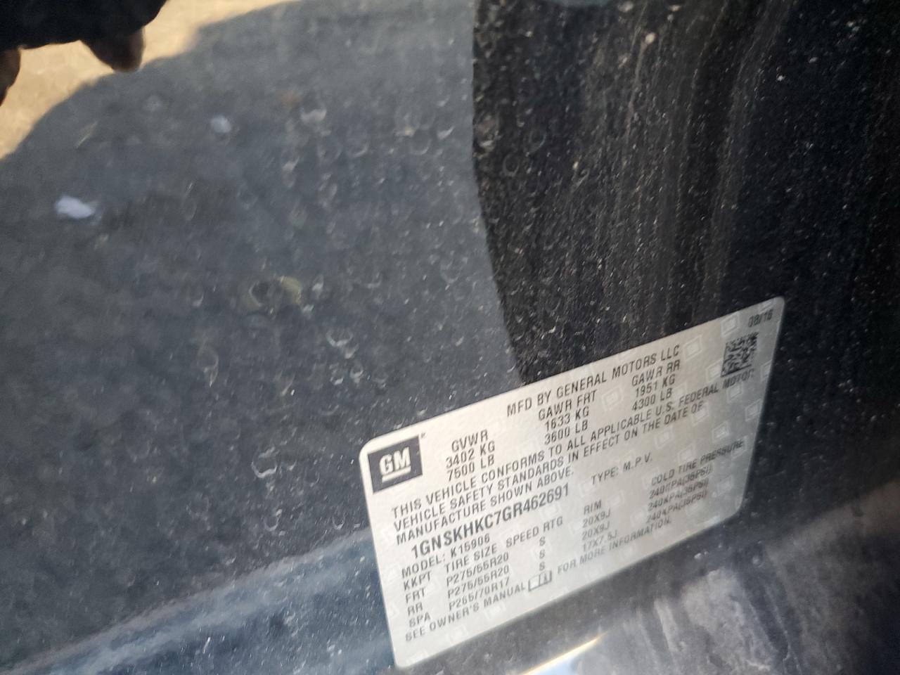 2016 Chevrolet Suburban VIN 1GNSKHKC7GR462691 Copart auction photo, front end damage thumbnail 12