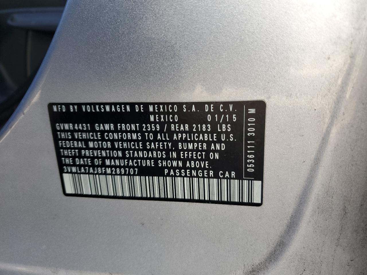 2015 Volkswagen Jetta VIN 3VWLA7AJ8FM289707 Copart auction photo, rear end damage thumbnail 12