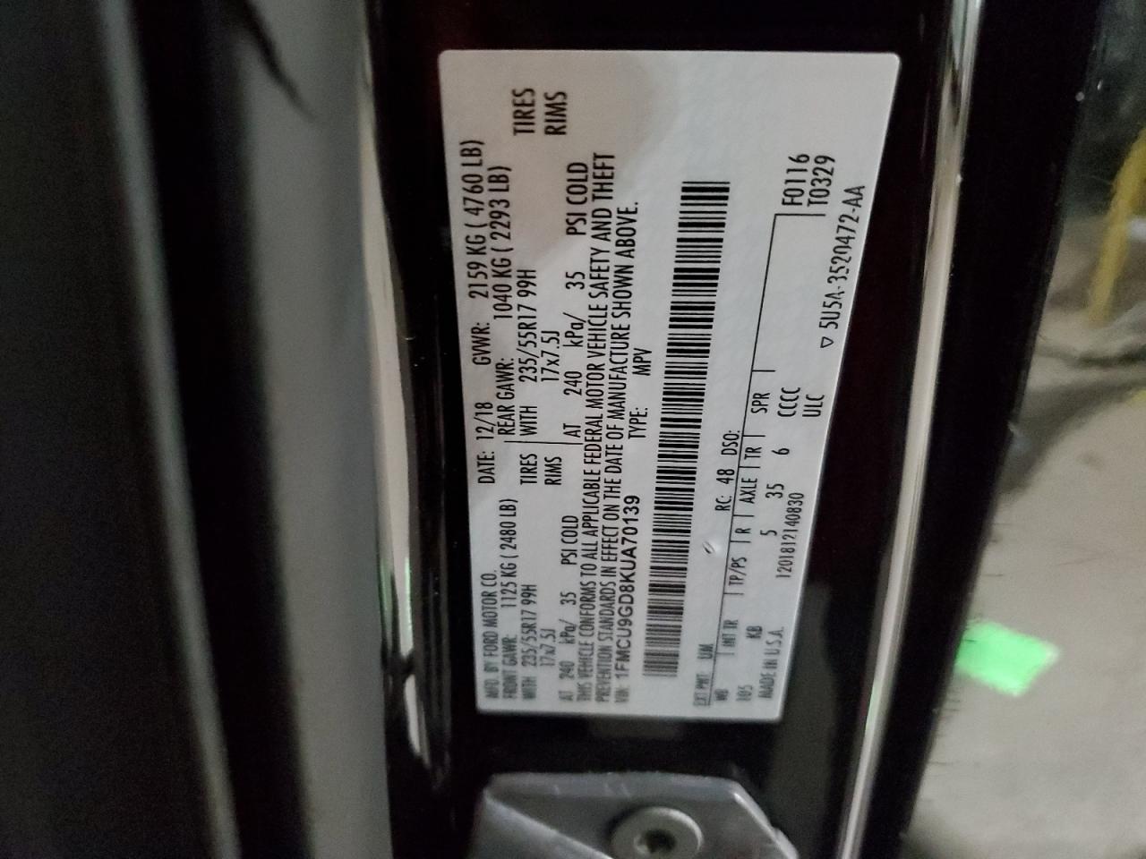 2019 Ford Escape VIN 1FMCU9GD8KUA70139 Copart auction photo, mechanical / hail damage thumbnail 13