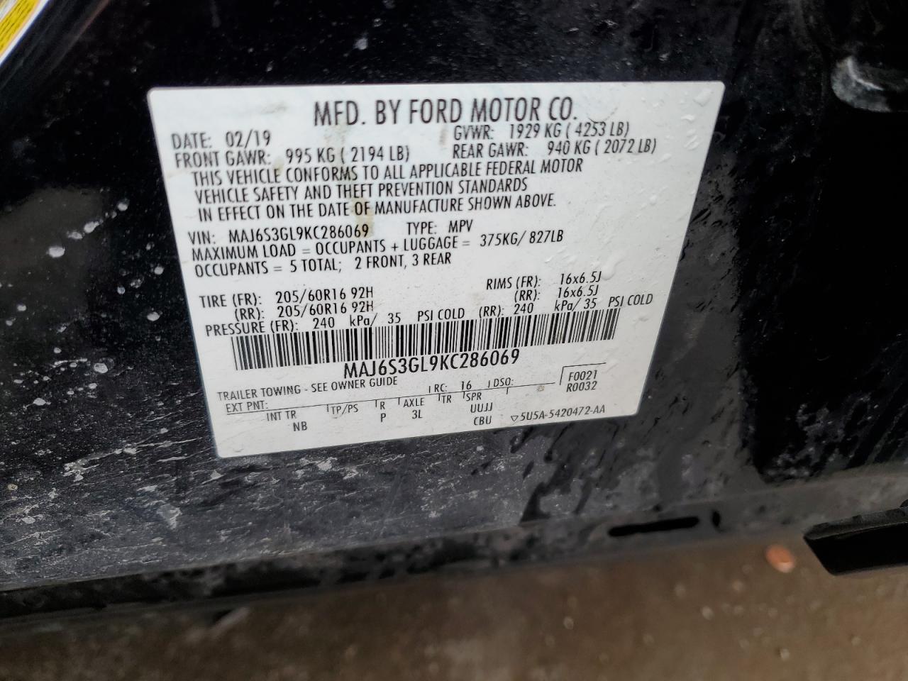 2019 Ford EcoSport VIN MAJ6S3GL9KC286069 Copart auction photo, front end / side damage thumbnail 14