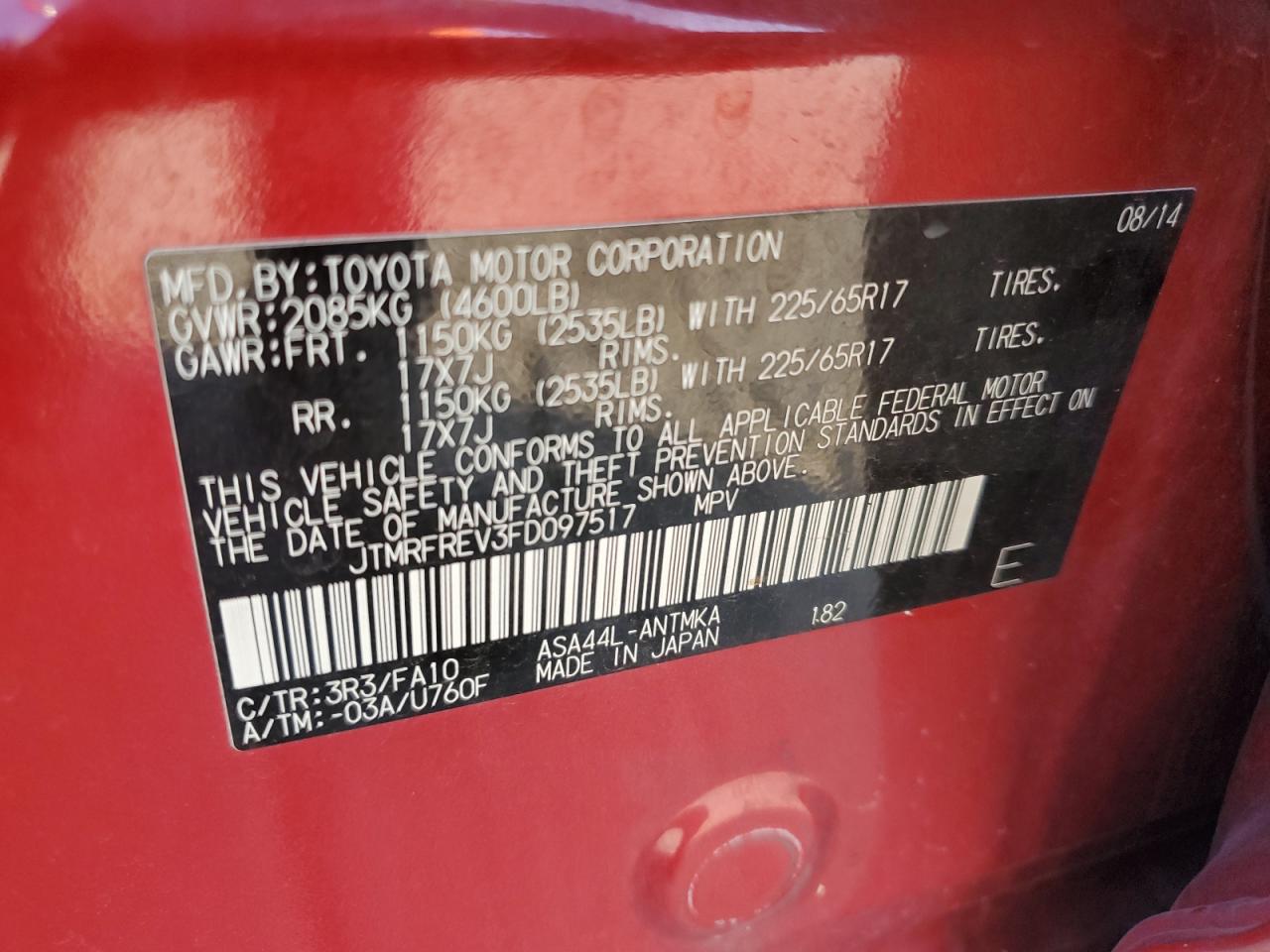 2015 Toyota RAV 4 VIN JTMRFREV3FD097517 Copart auction photo, hail / minor dent/scratches damage thumbnail 13