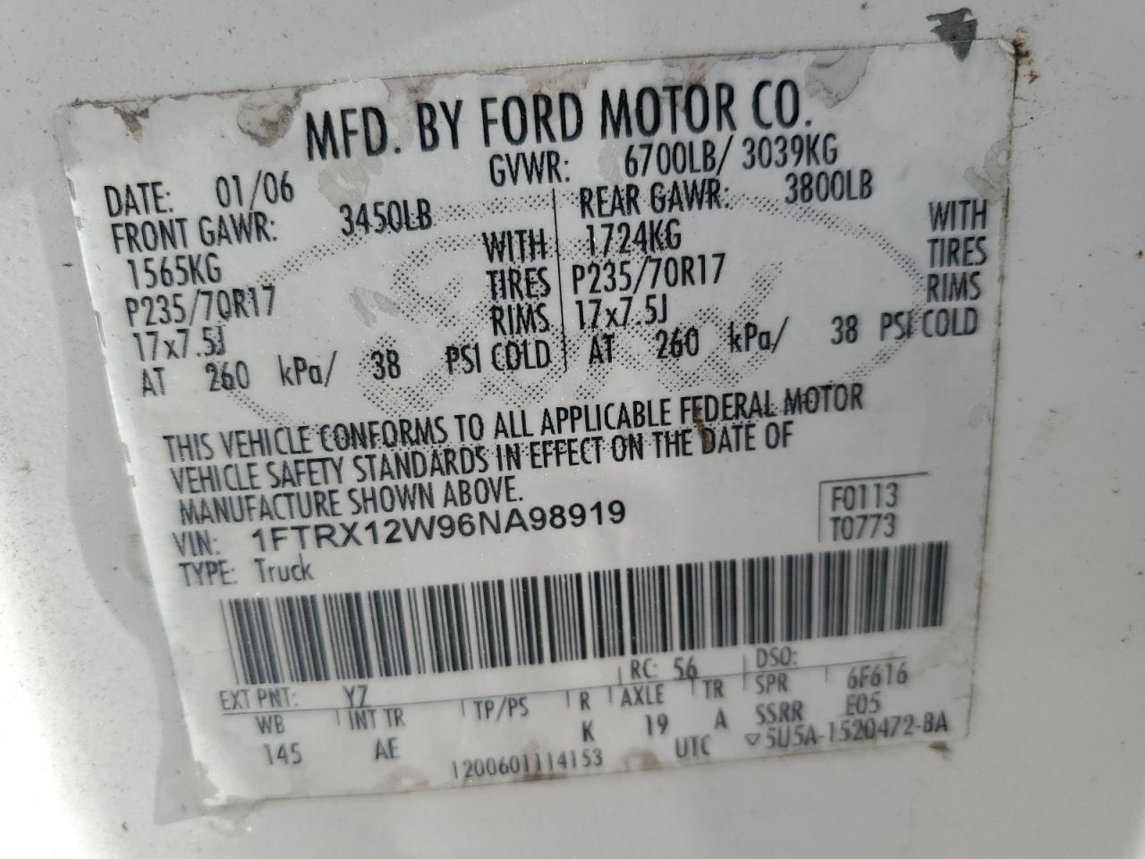 2006 Ford F-150 VIN 1FTRX12W96NA98919 Copart auction photo, front end / rear end damage thumbnail 12