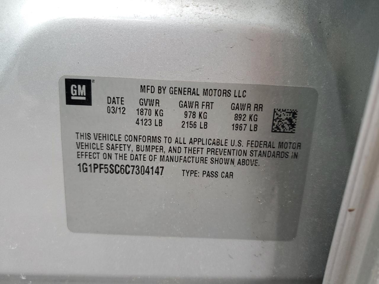 2012 Chevrolet Cruze VIN 1G1PF5SC6C7304147 Copart auction photo, front end / rear end damage thumbnail 14