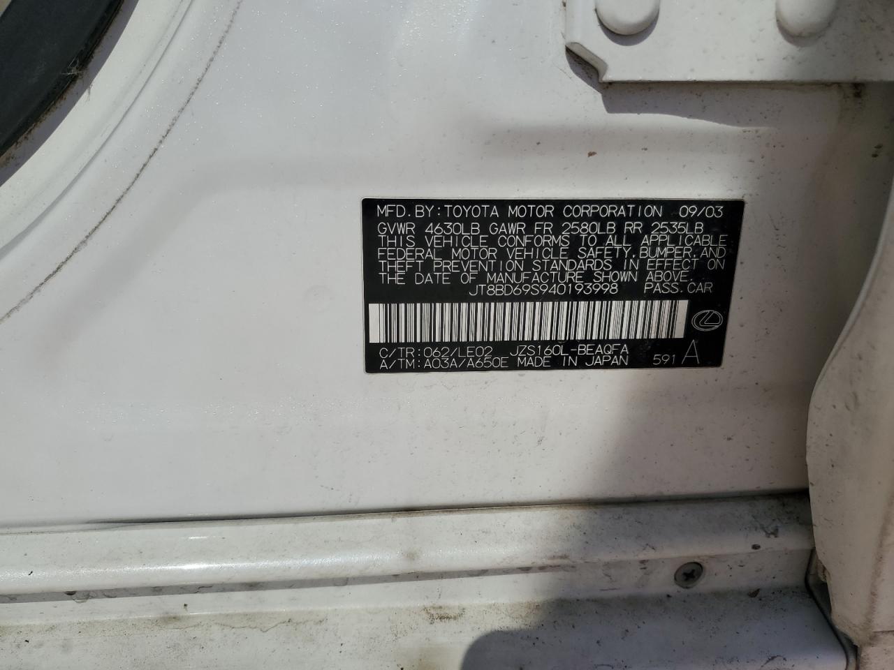 2004 Lexus GS 300 VIN JT8BD69S940193998 Copart auction photo, rear end damage thumbnail 12
