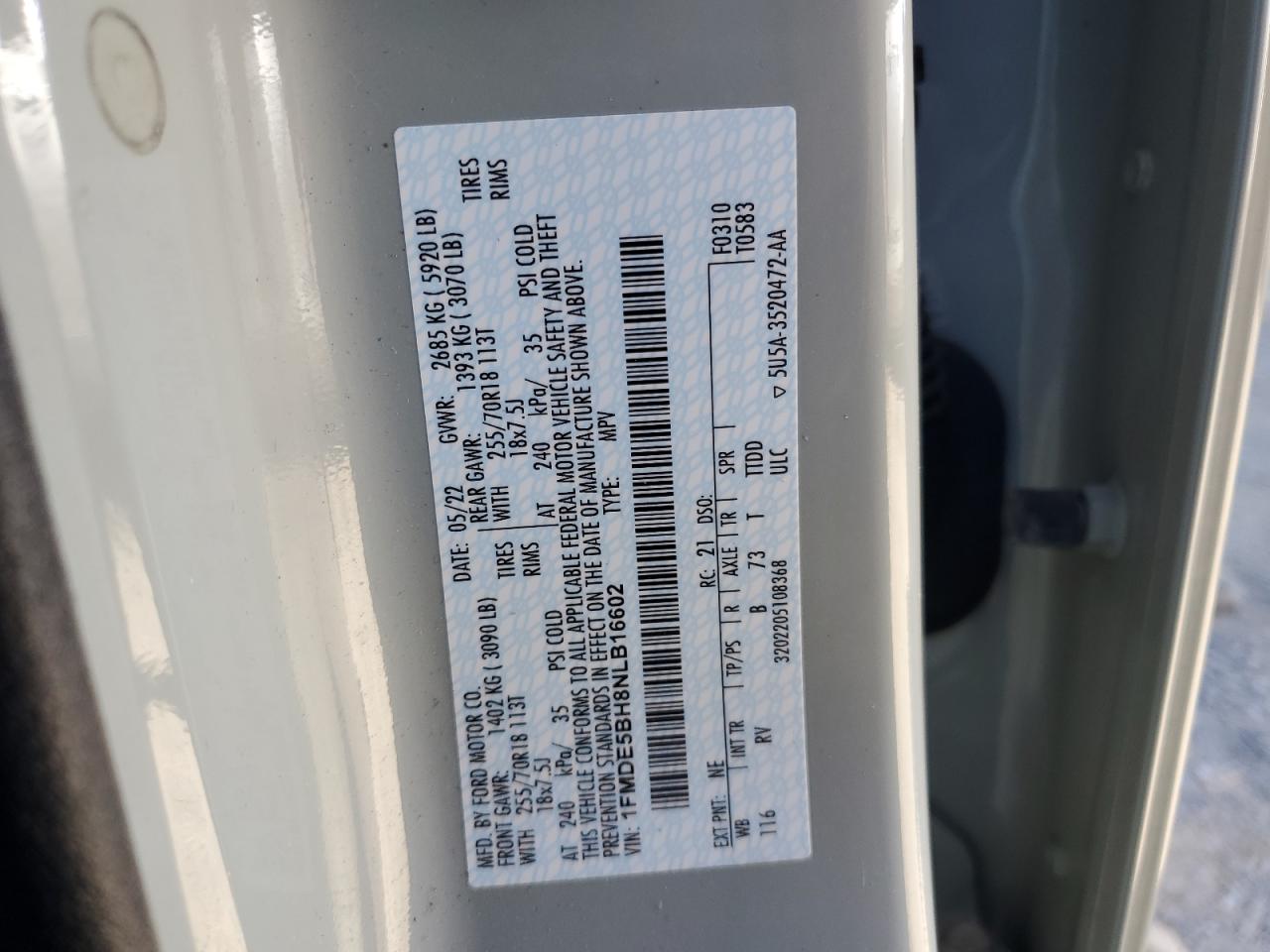 2022 Ford Bronco VIN 1FMDE5BH8NLB16602 Copart auction photo, rollover damage thumbnail 14