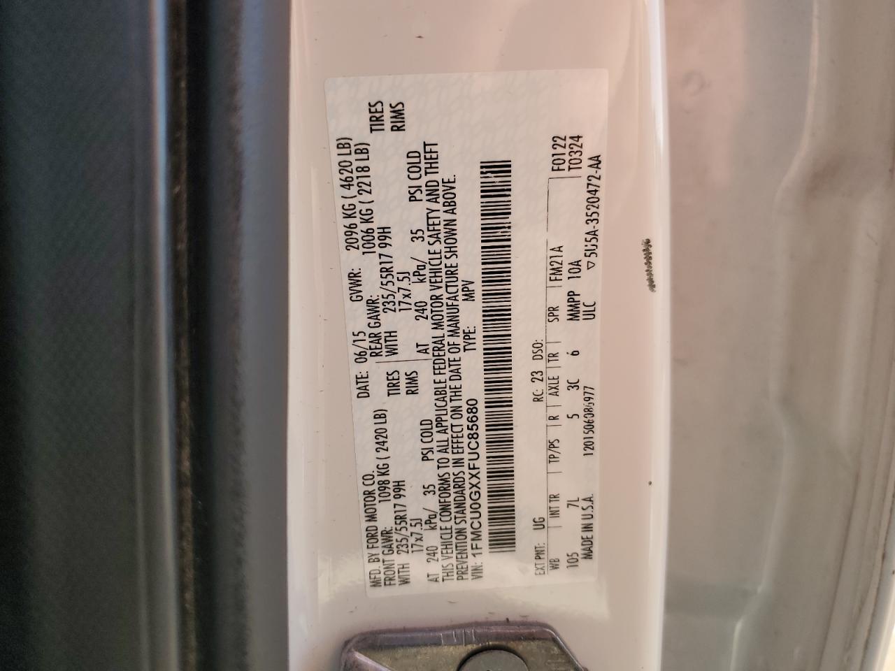 2015 Ford Escape VIN 1FMCU0GXXFUC85680 Copart auction photo, side / front end damage thumbnail 14