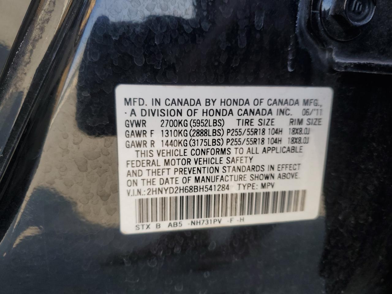 2011 Acura MDX VIN 2HNYD2H68BH541284 Copart auction photo, front end / minor dent/scratches damage thumbnail 15