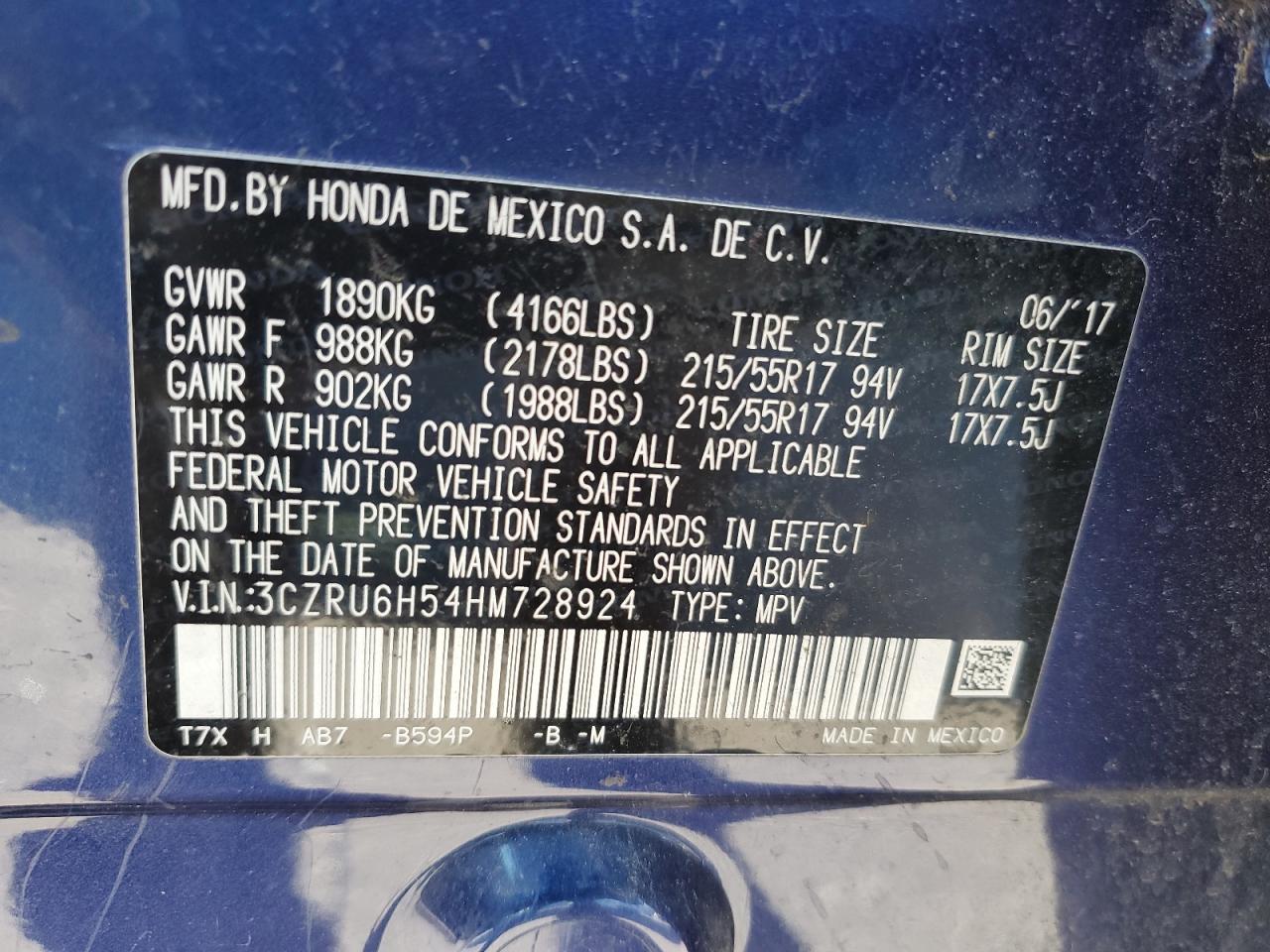 2017 Honda HR-V VIN 3CZRU6H54HM728924 Copart auction photo, rear end damage thumbnail 13
