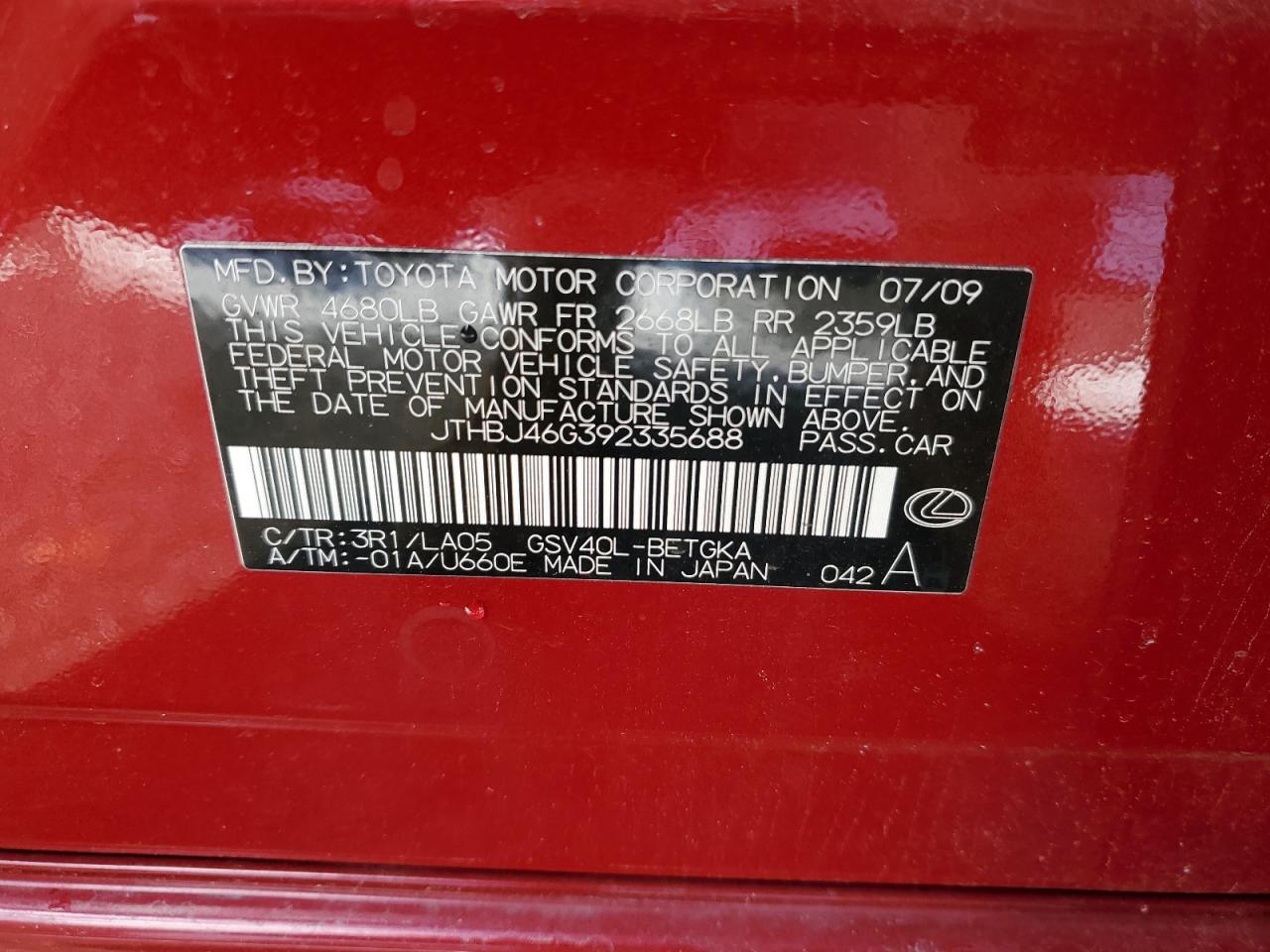 2009 Lexus ES VIN JTHBJ46G392335688 Copart auction photo, front end / side damage thumbnail 12