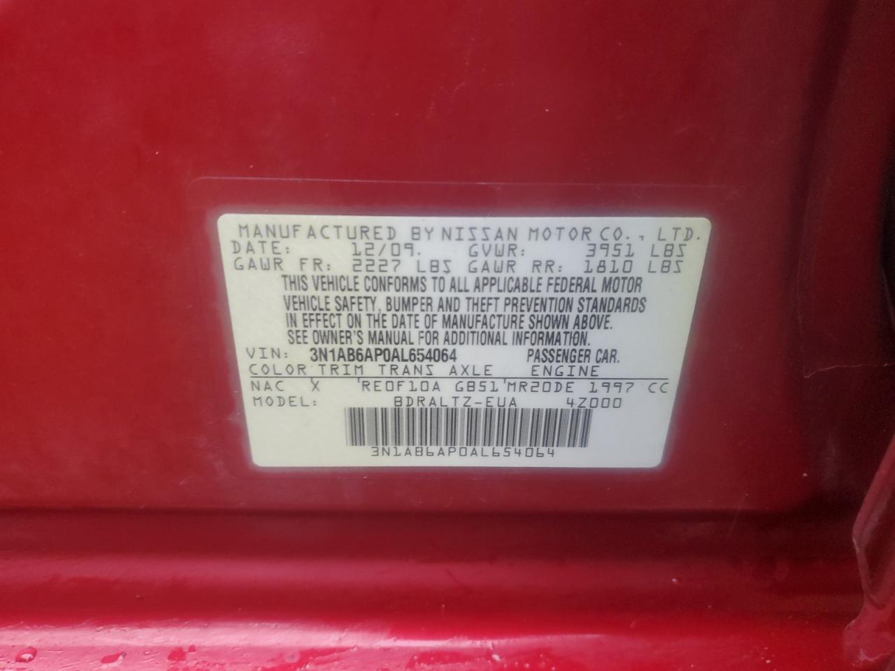 2010 Nissan Sentra VIN 3N1AB6AP0AL654064 Copart auction photo, rear end damage thumbnail 15