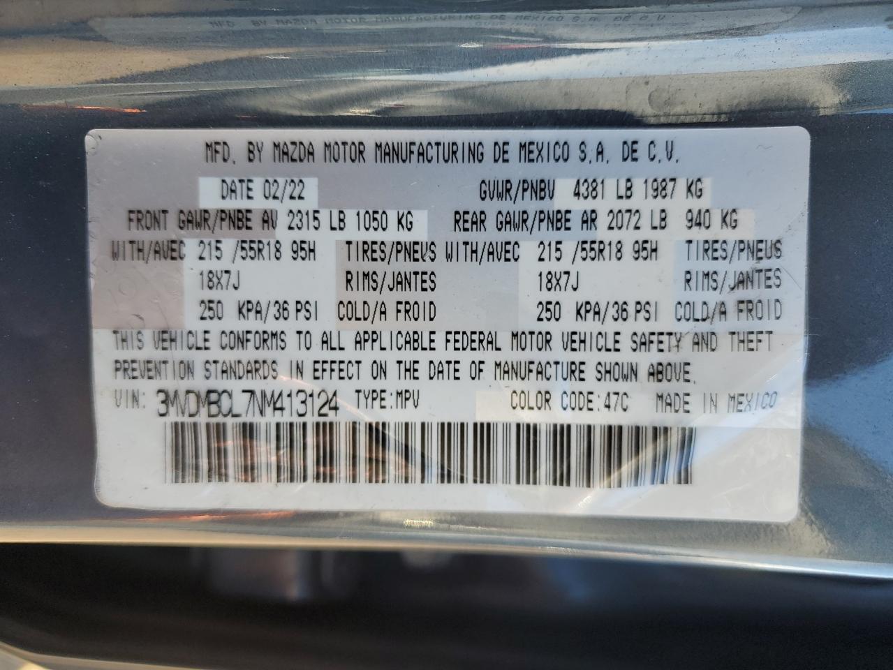 2022 Mazda CX-30 VIN 3MVDMBCL7NM413124 Copart auction photo, mechanical / front end damage thumbnail 13