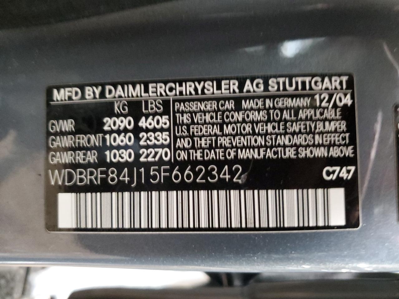 2005 Mercedes-Benz C-klasse VIN WDBRF84J15F662342 Copart auction photo, side damage thumbnail 12