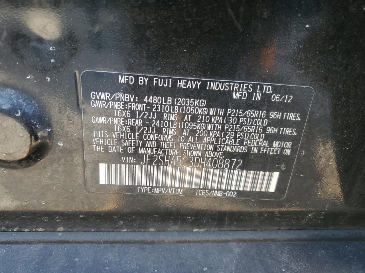 2013 Subaru Forester VIN JF2SHABC3DH408872 Copart auction photo, front end damage thumbnail 13