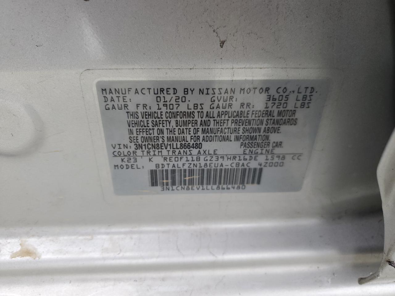 2020 Nissan Versa VIN 3N1CN8EV1LL866480 Copart auction photo, all over damage thumbnail 14