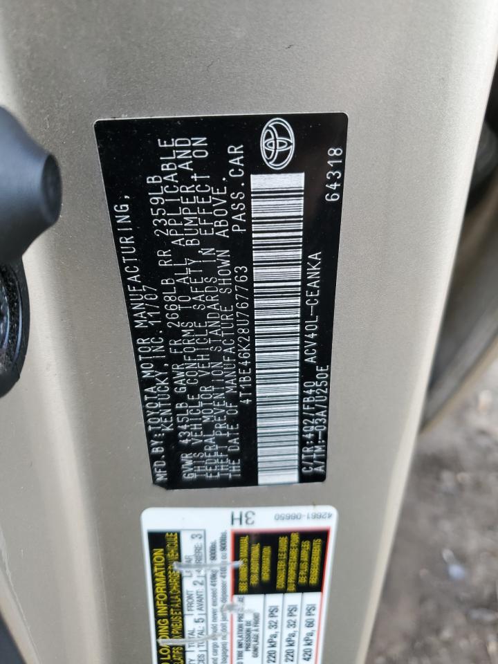 2008 Toyota Camry VIN 4T1BE46K28U767763 Copart auction photo, front end damage thumbnail 12
