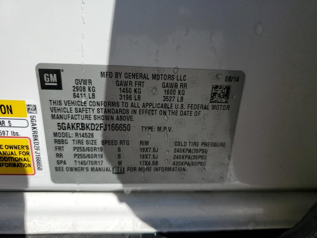 2015 Buick Enclave VIN 5GAKRBKD2FJ166650 Copart auction photo, rear end damage thumbnail 14