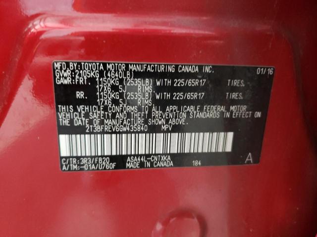2016 Toyota RAV 4 VIN 2T3BFREV6GW435840 Copart auction photo, front end / side damage thumbnail 12