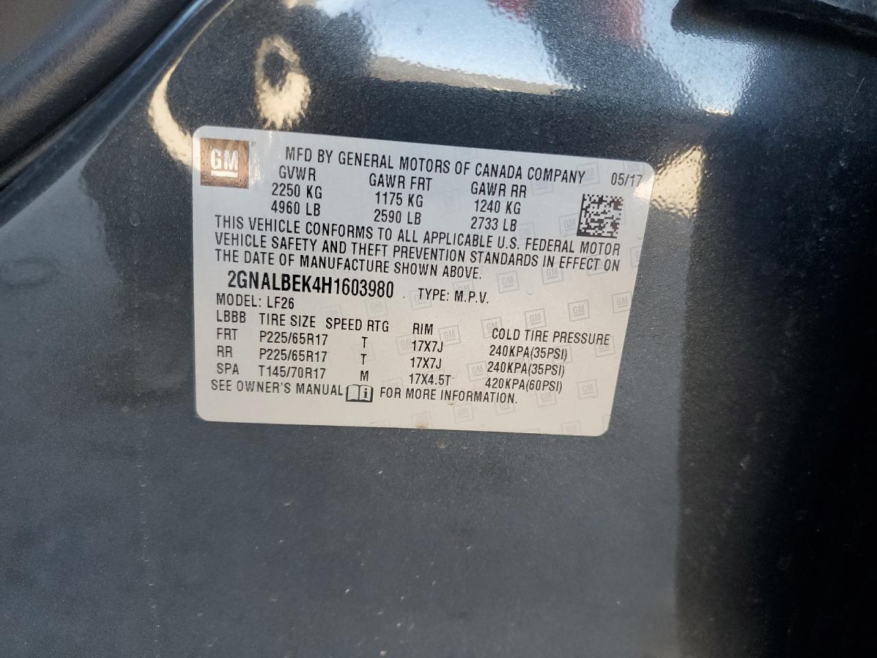 2017 Chevrolet Equinox VIN 2GNALBEK4H1603980 Copart auction photo, front end / side damage thumbnail 13