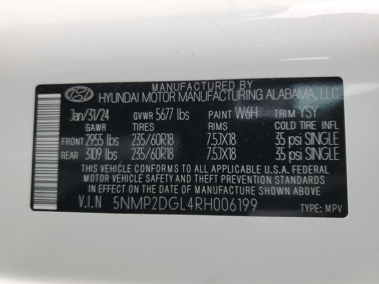2024 Hyundai Santa Fe VIN 5NMP2DGL4RH006199 Copart auction photo, rear end / minor dent/scratches damage thumbnail 13