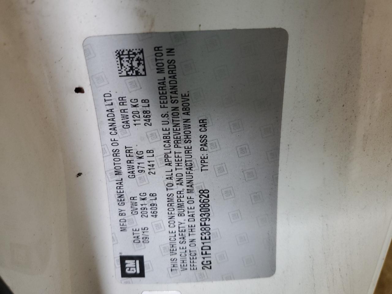 2015 Chevrolet Camaro VIN 2G1FD1E38F9308628 Copart auction photo, rear end / side damage thumbnail 12