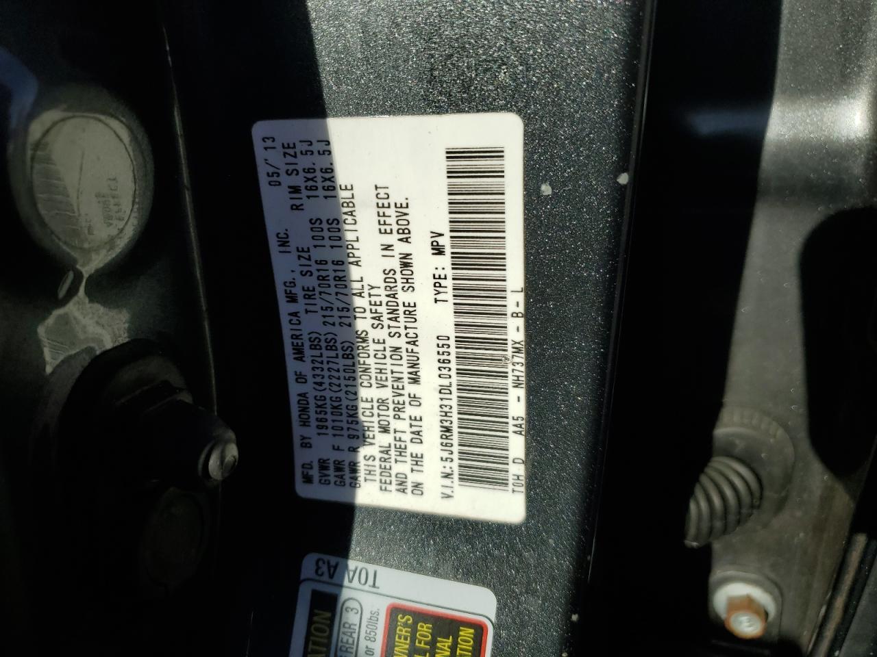 2013 Honda CR-V VIN 5J6RM3H31DL036550 Copart auction photo, side / front end damage thumbnail 13