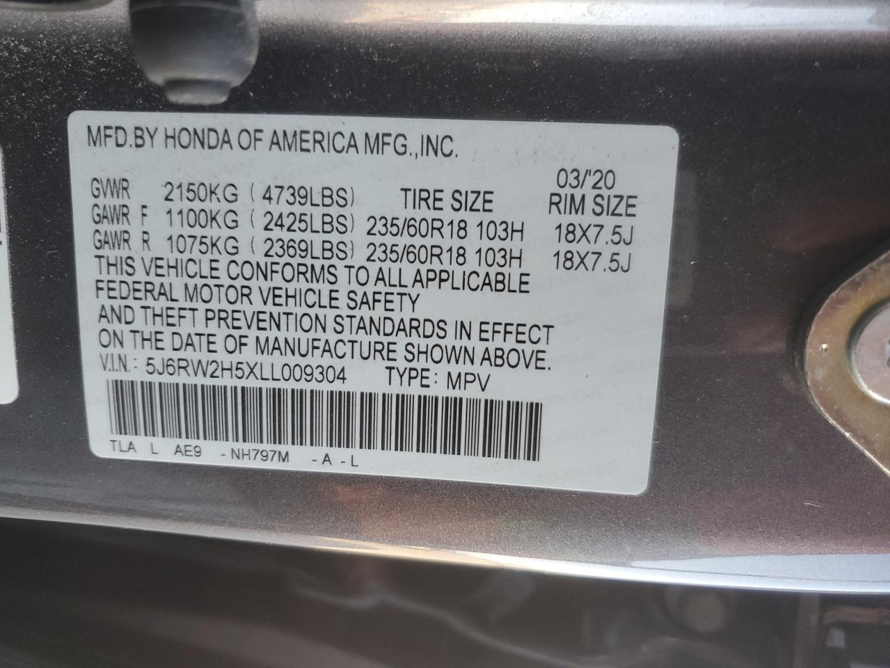2020 Honda CR-V VIN 5J6RW2H5XLL009304 Copart auction photo, rear end / minor dent/scratches damage thumbnail 14