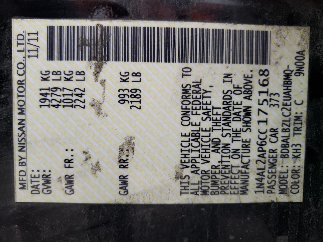 2012 Nissan Altima VIN 1N4AL2AP6CC175168 Copart auction photo, front end / minor dent/scratches damage thumbnail 12
