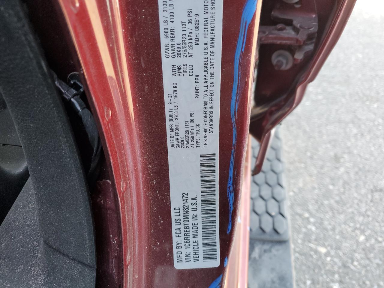 2021 RAM 1500 VIN 1C6RREBT0MN821472 Copart auction photo, side damage thumbnail 13