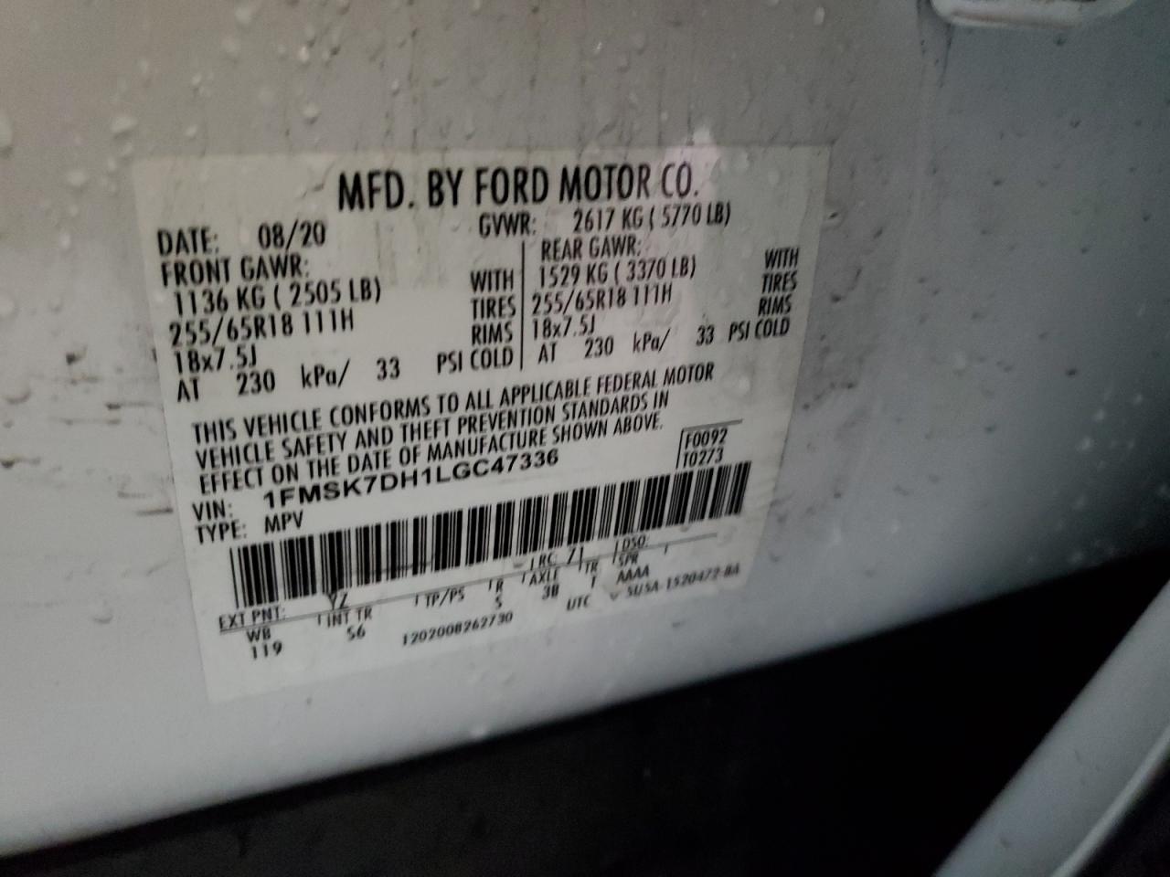 2020 Ford Explorer VIN 1FMSK7DH1LGC47336 Copart auction photo, rear end damage thumbnail 14