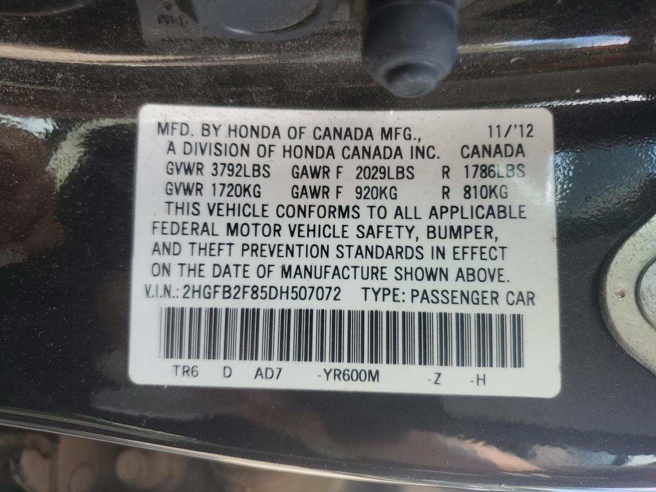 2013 Honda Civic VIN 2HGFB2F85DH507072 Copart auction photo, front end damage thumbnail 15