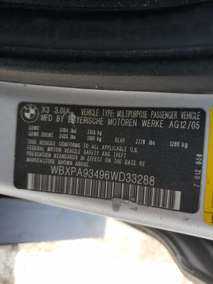 2006 BMW X3 VIN WBXPA93496WD33288 Copart auction photo, side / undercarriage damage thumbnail 15