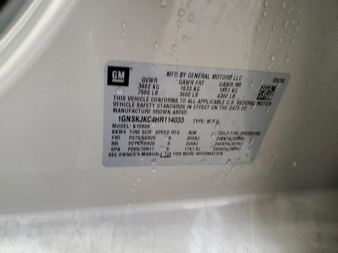 2017 Chevrolet Suburban VIN 1GNSKJKC4HR114033 Copart auction photo, mechanical damage thumbnail 13