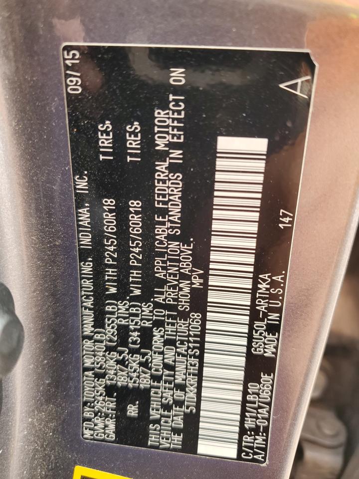 2015 Toyota Highlander VIN 5TDKKRFH3FS111068 Copart auction photo, side / rear end damage thumbnail 13