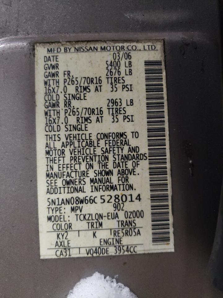 2006 Nissan XTerra VIN 5N1AN08W66C528014 Copart auction photo, side / rear end damage thumbnail 12