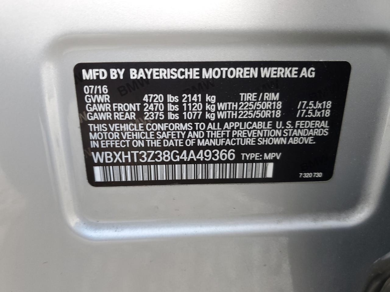 2016 BMW X1 VIN WBXHT3Z38G4A49366 Copart auction photo, front end / side damage thumbnail 13
