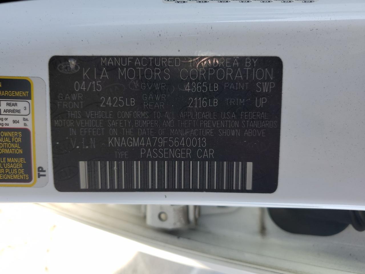 2015 KIA Optima VIN KNAGM4A79F5640013 Copart auction photo, front end damage thumbnail 12
