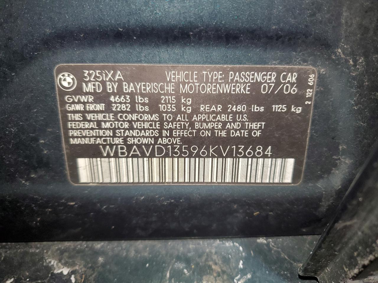 2006 BMW 3er VIN WBAVD13596KV13684 Copart auction photo, rear end damage thumbnail 12